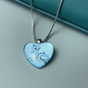 Glass Heart-Shaped Blue Fox Pendant Necklace